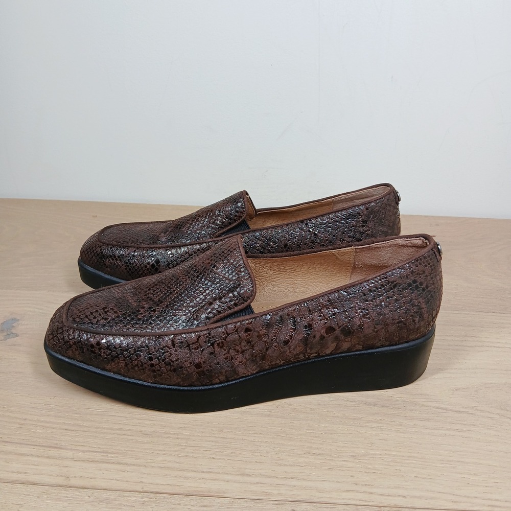 NYDJ Wedge Loafers Womens 8.5M Gira Brown Snakeskin Embossed Leather Platform - Picture 2 of 9